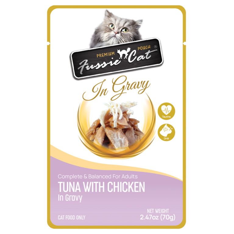 Box of Fussie Cat Tuna and Chicken in Gravy Pouch 2.47oz