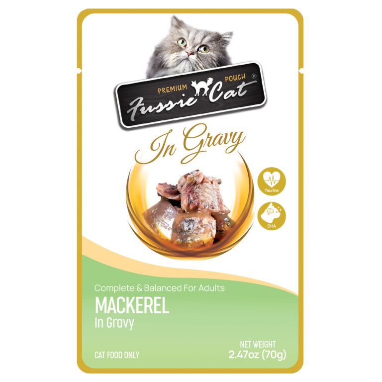 Box of Fussie Cat Mackerel in Gravy Pouch 2.47oz