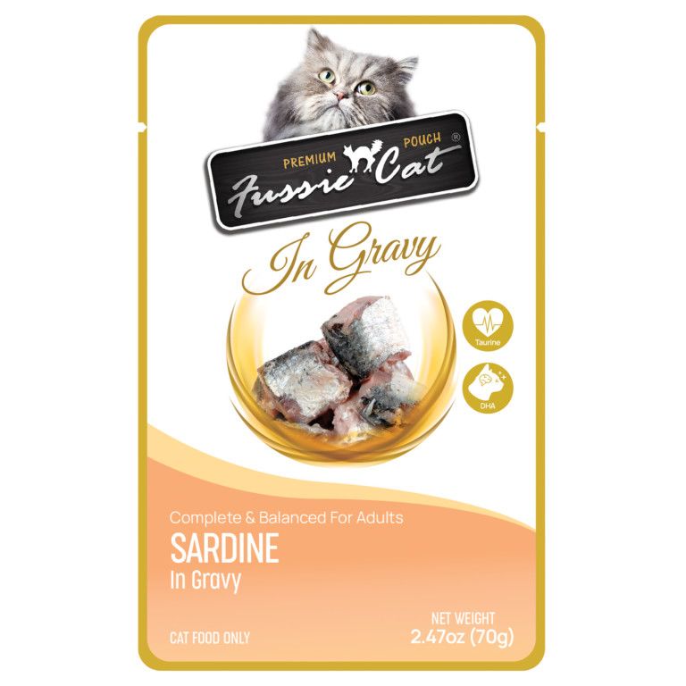 Box of Fussie Cat Sardine in Gravy Pouch 2.47oz