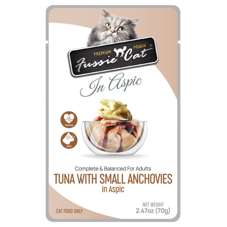 Box of Fussie Cat Tuna and Anchovies in Aspic Pouch 2.47oz