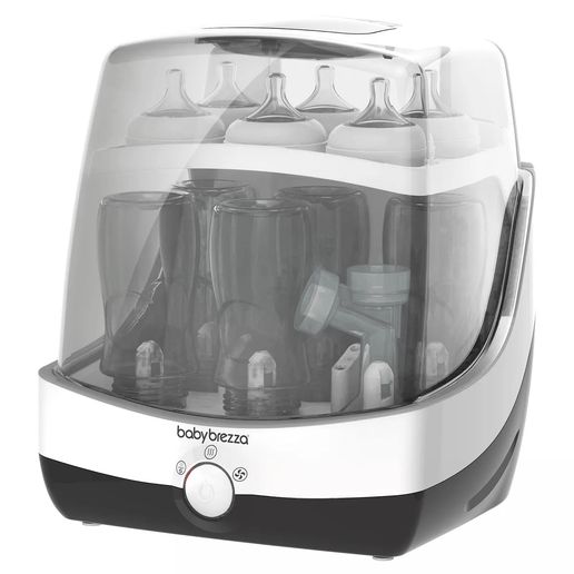 Baby Brezza SuperFast Sterilizer &amp; Dryer – front view showing sleek white design and digital display