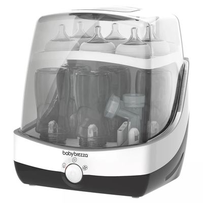 Baby Brezza SuperFast Sterilizer &amp; Dryer – front view showing sleek white design and digital display