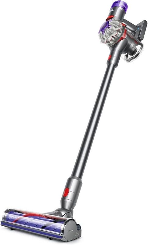 Dyson V8 Animal cordless vacuum in nickel and titanium finish, featuring a Direct-Drive cleaner head and ergonomic handle