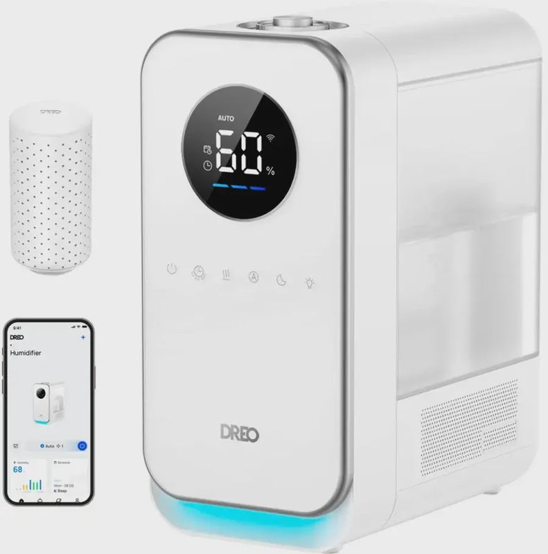 Dreo 1.3-gallon smart cool mist humidifier with sleek white design and digital controls