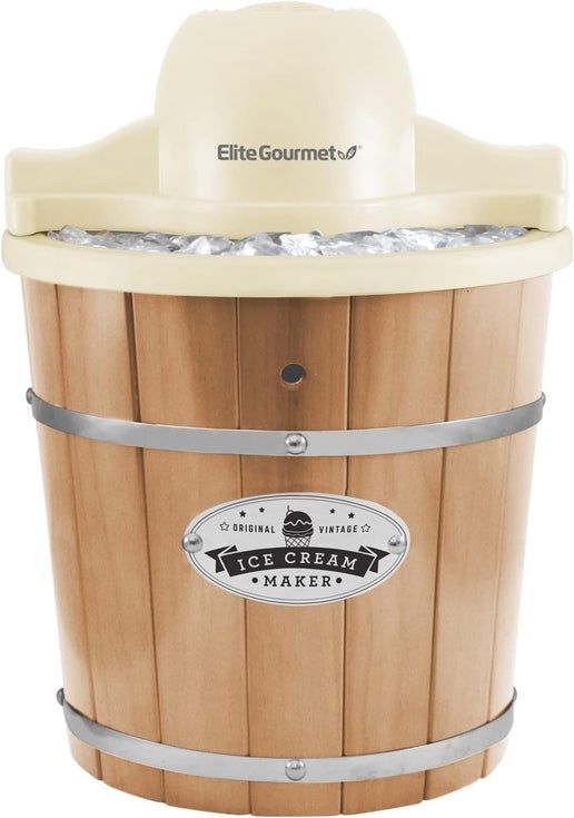 Elite Gourmet 4-Quart Old-Fashioned Electric Ice Cream Maker with wood-style bucket and motorized electric base