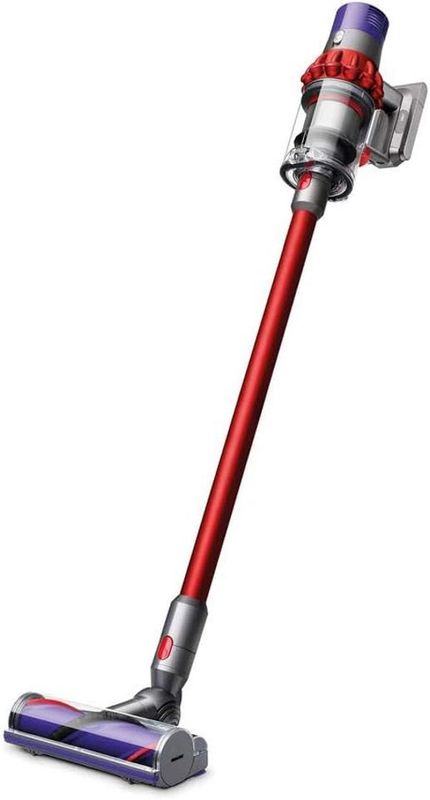 Dyson V10 Cyclone Motorhead cordless vacuum in silver and yellow, featuring motorized cleaning head and slim wand