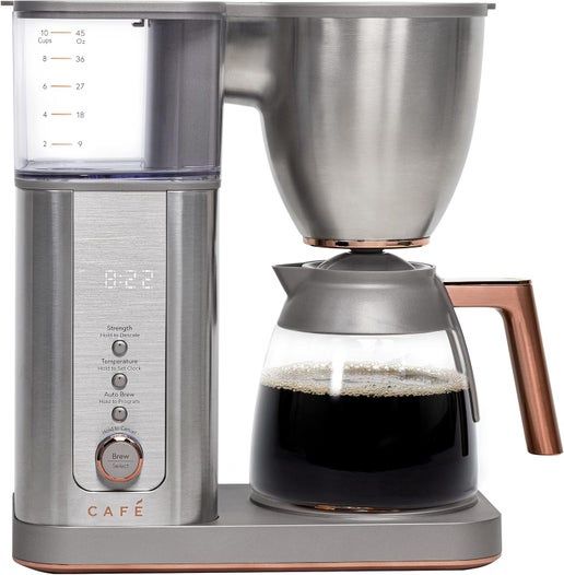 Café Smart Drip 10-Cup Coffee Maker with WiFi in stainless steel, featuring a glass carafe and digital control panel