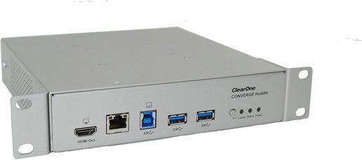 Close-up image of the ClearOne CONVERGE Huddle Video Conference Equipment’s input ports, including USB, audio in/out, and net