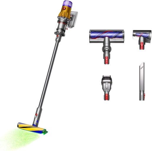 Dyson V12 Detect Slim cordless vacuum in yellow and nickel finish, featuring Laser Slim Fluffy™ cleaner head and LCD screen