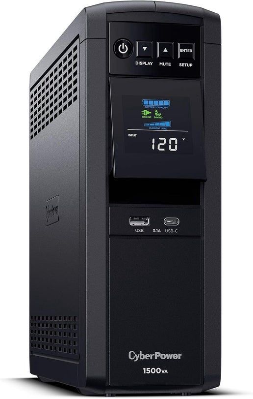 Front view of the CyberPower GX1500U 1500VA UPS showing the LCD display and control buttons