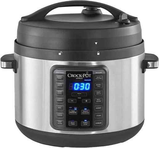 Crock-Pot 10-quart digital multi cooker with stainless steel exterior, digital control panel, and clear glass lid