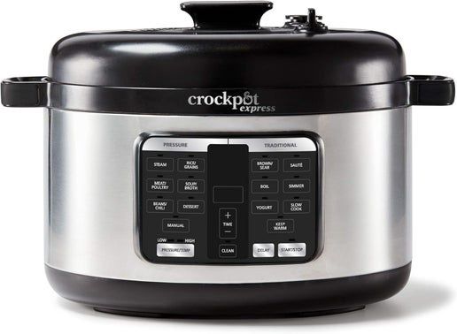 Crock-Pot Express Oval Multi Function Pressure Cooker with digital control panel and stainless steel oval-shaped cooking pot