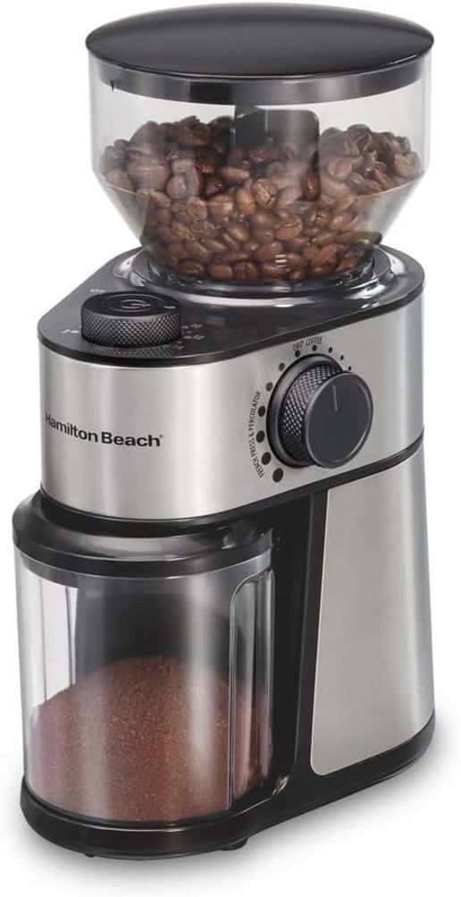 Hamilton Beach 14-cup coffee grinder in black with stainless steel chamber and adjustable settings.