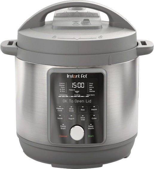 Instant Pot 6QT Duo Plus Multi-Use Pressure Cooker in gray with digital control panel and stainless steel inner pot.