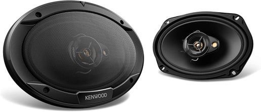 Kenwood Road Series 6x9-inch 3-way car speaker pair front view with black cones and silver accents.