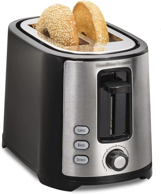 Hamilton Beach 2-Slice Toaster with extra-wide slots, bagel and defrost settings, and high-lift toast boost.