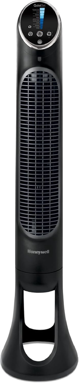Front view of Honeywell QuietSet tower fan showing LED control panel and slim body.