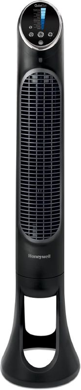 Front view of Honeywell QuietSet tower fan showing LED control panel and slim body.