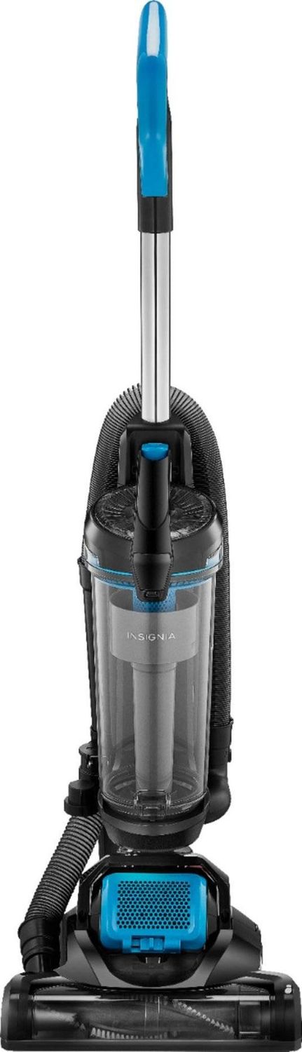 Front view of the Insignia Bagless Upright Vacuum showcasing its sleek black design and control panel.