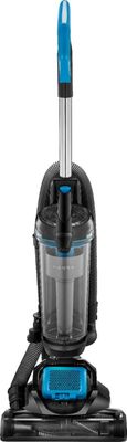 Front view of the Insignia Bagless Upright Vacuum showcasing its sleek black design and control panel.