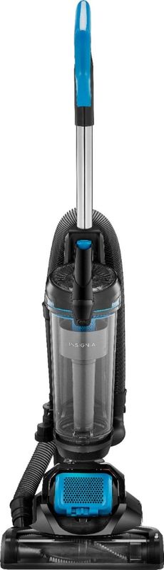 Front view of the Insignia Bagless Upright Vacuum showcasing its sleek black design and control panel.