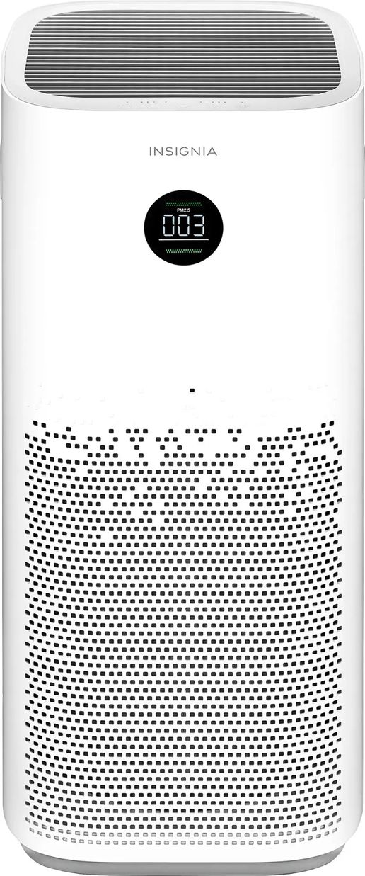 Front view of the Insignia HEPA Air Purifier showing control panel with buttons and air vent grill.