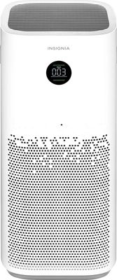 Front view of the Insignia HEPA Air Purifier showing control panel with buttons and air vent grill.