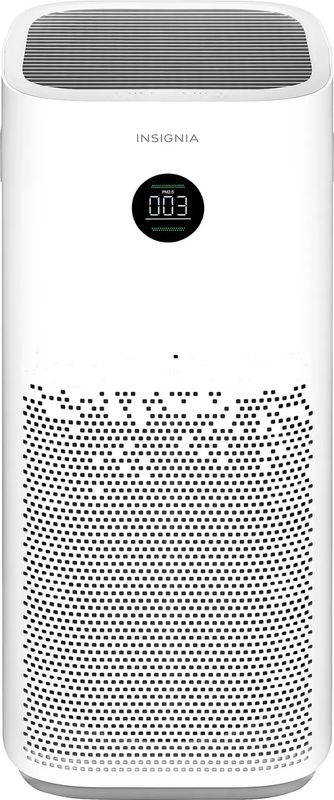 Front view of the Insignia HEPA Air Purifier showing control panel with buttons and air vent grill.
