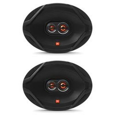 Pair of JBL GX Series 6x9-inch 3-way car speakers with black cones.
