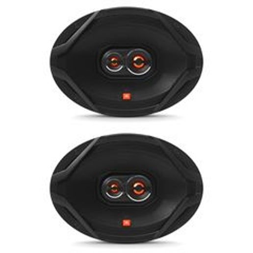 Pair of JBL GX Series 6x9-inch 3-way car speakers with black cones.