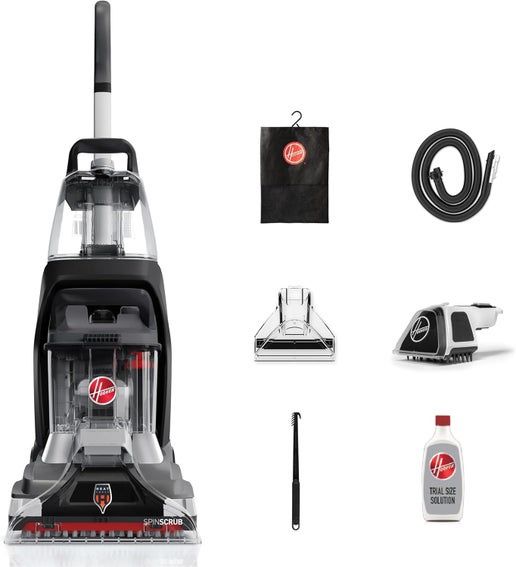 Side profile of Hoover PowerScrub XL Pet Carpet Cleaner FH68002 showcasing its upright design and  attachments.