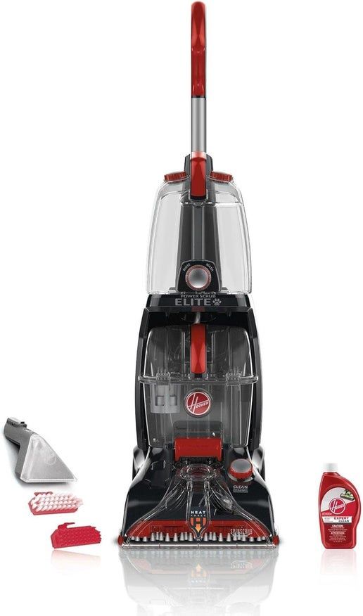 Hoover Power Scrub Elite Pet Carpet Cleaner FH50251 in red with SpinScrub brushes and large water tanks.