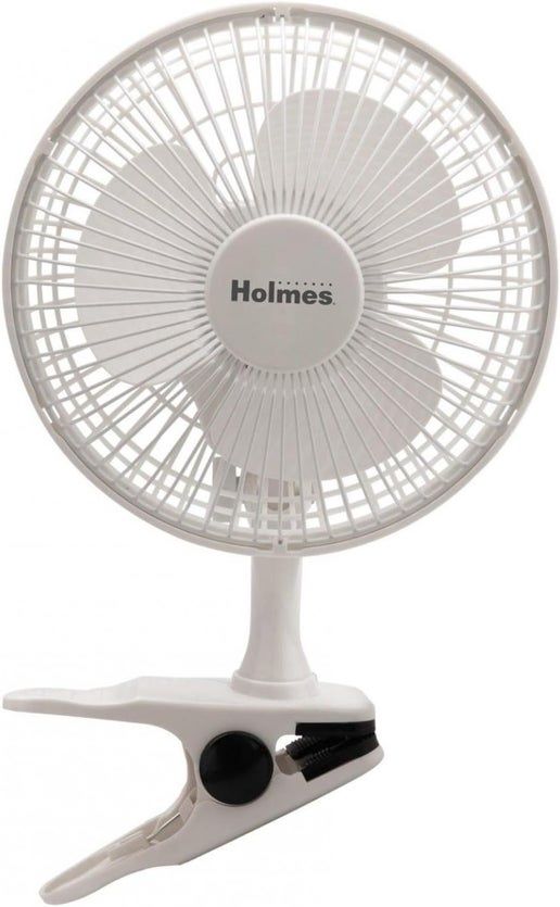 Holmes 6″ convertible desk/clip fan in white.