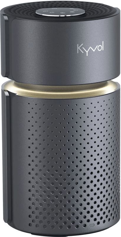Kyvol P5 HEPA Air Purifier in white, showcasing its sleek cylindrical design and top control panel.