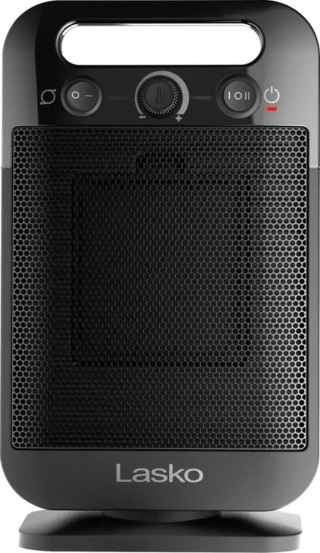 Front view of Lasko 1500 W tabletop ceramic heater in white with control knobs and grill.