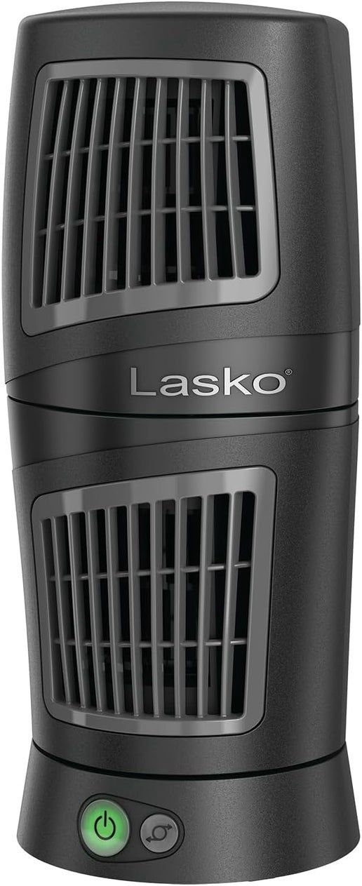 Side profile of Lasko twist-top tower fan showing slim housing and oscillation vents.