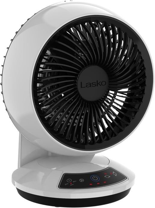 Front view of the Lasko Whirlwind Orbital Motion Air Circulator Fan showing its circular grille and control knob.