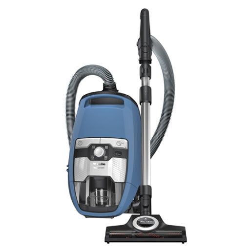 Miele Blizzard CX1 Bagless Canister Vacuum with telescopic wand and large wheels, shown in a standing position.