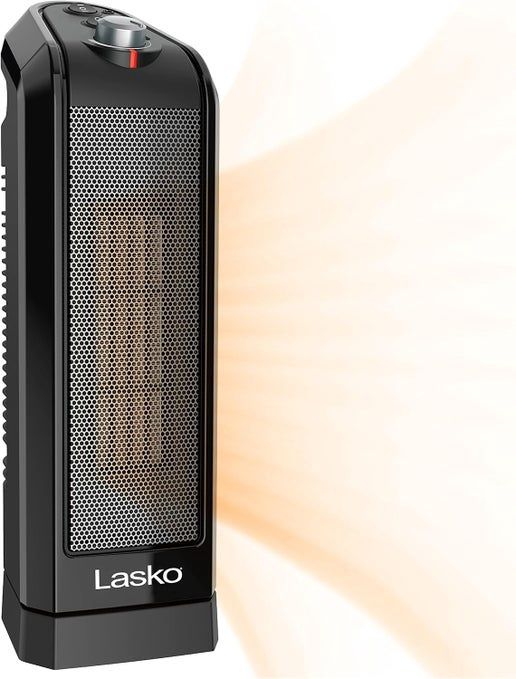 Front view of Lasko 1500 W portable ceramic heater in black with control knobs.