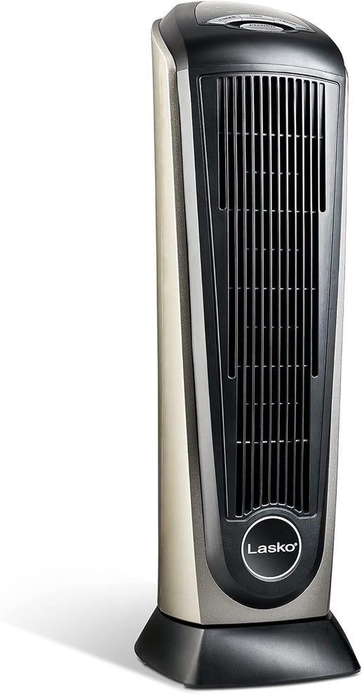 Front view of Lasko Ceramic Tower Heater showing digital display and control buttons.