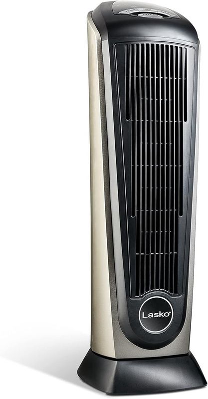 Front view of Lasko Ceramic Tower Heater showing digital display and control buttons.