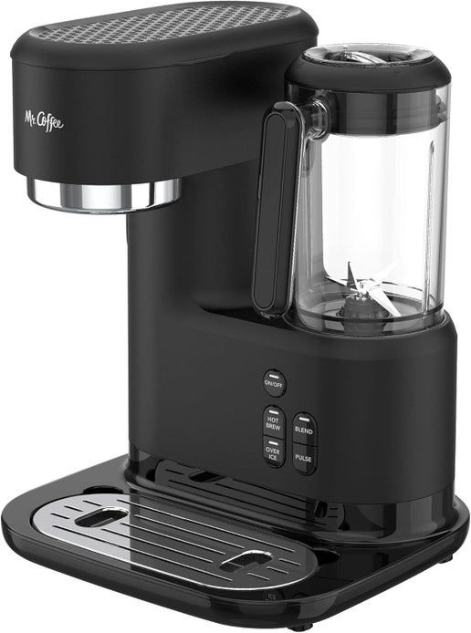 Mr. Coffee Frappe 3-in-1 Coffee Maker &amp; Blender in black, designed for brewing hot, iced, and frozen coffee beverages.