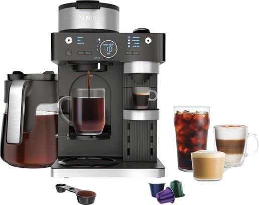 Ninja Espresso &amp; Coffee Barista System with single serve, Nespresso compatibility, and 12-cup carafe.