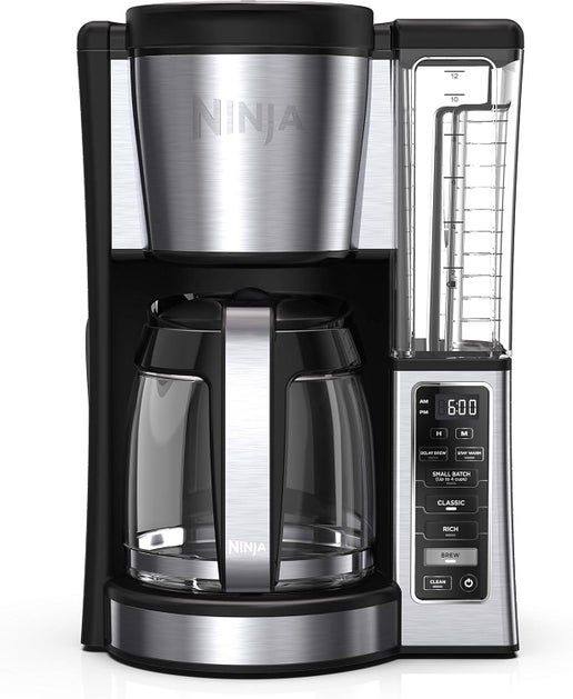 Front view of the Ninja CE251 coffee maker, highlighting its compact size and stainless steel finish.