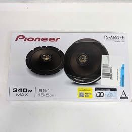 Front of the Pioneer TS-A653FH car speakers packaging box showing product image, branding, and key features.