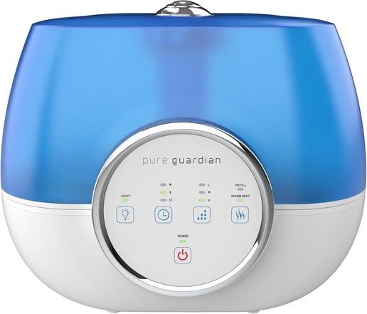 PureGuardian H4810 2‑Gallon Warm &amp; Cool Mist Humidifier front view showing water tank, control dial, and mist outlet.