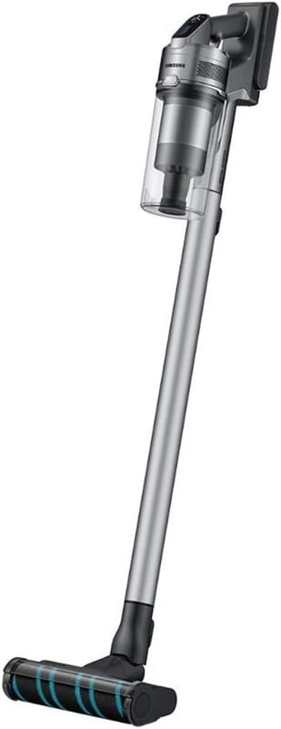 Samsung Jet 75 Cordless Stick Vacuum standing upright with cleaning head attached.