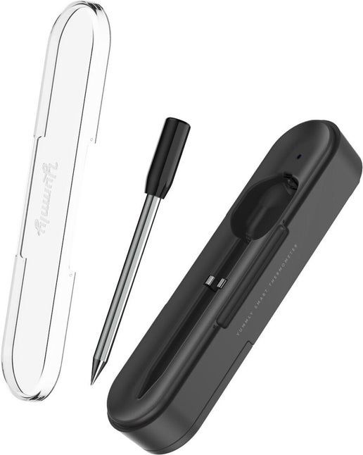 Yummly Smart Meat Thermometer with sleek stainless steel probe and compact charging dock.