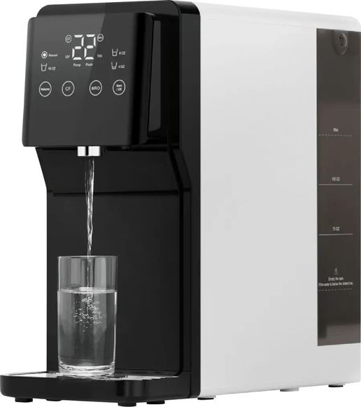 Waterdrop countertop reverse osmosis dispenser dispensing clean water into a clear glass.