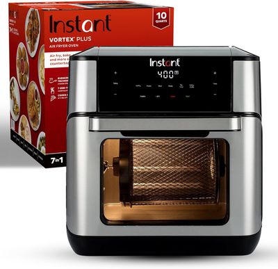 Instant Pot 10QT Air Fryer next to its retail box, both displayed on a white background.